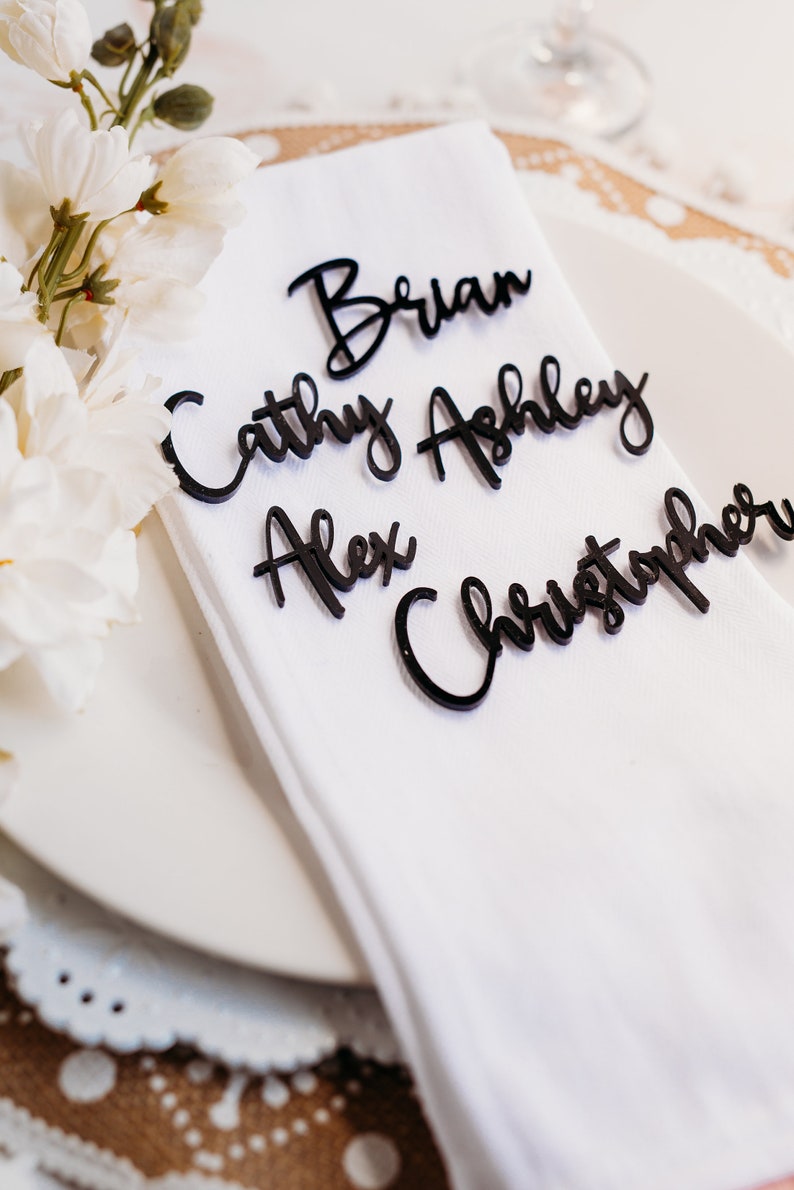 black acrylic name tags place cards wooden names name place cards laser cut names name tags for wedding wood name card wedding name tags black acrylic wedding name tags
wedding place cards
bachelorette party
wedding favors 
wedding decor 
name plate