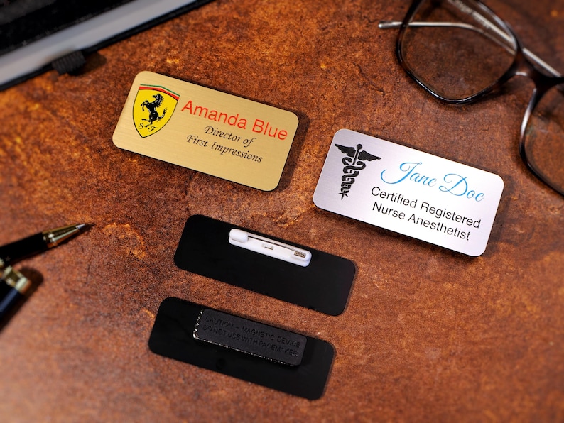 Custom color-printed magnetic name badges with UV-printed logo and employee details. Personalized acrylic office name tags for staff uniforms and professional branding. Durable, long-lasting full-color company badges.