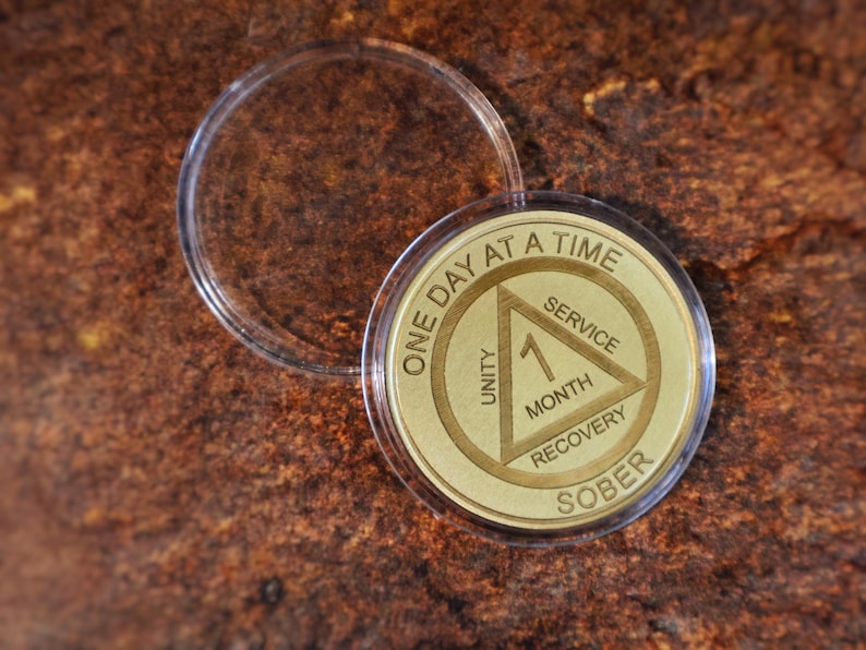 Personalized AA chip sobriety coin with custom year engraving recovery milestone token meaningful alcohol recovery gift idea.