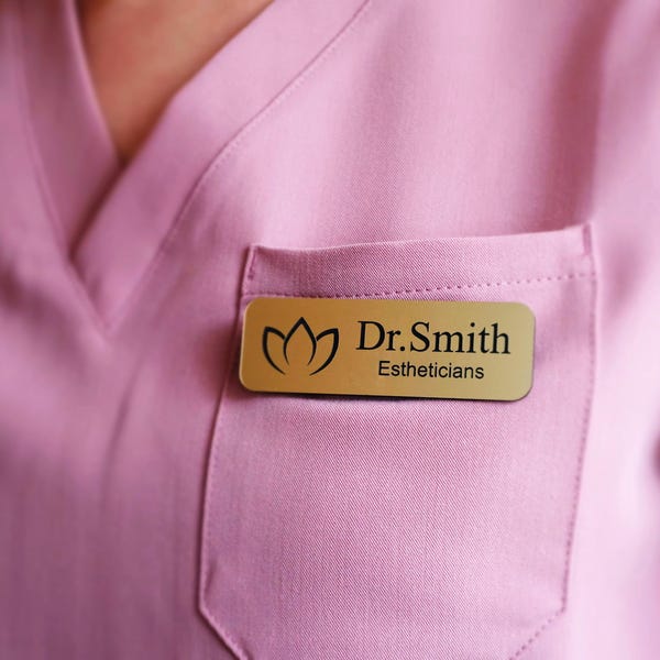 Custom Engraved Name Tag: Gold or Silver, Magnetic Logo Badge, Pin Backing