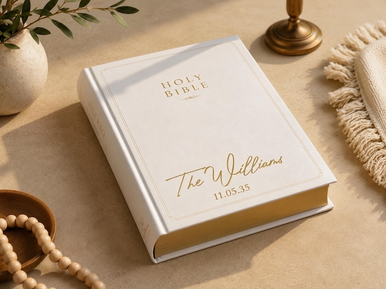 Custom white NIV Family Bible professionally UV printed with personalized names, family monograms, or meaningful artwork. This personalized Bible is a beautiful wedding Bible, custom family Bible, family keepsake, baptism Bible, heirloom Bible, anniversary Bible, custom Bible cover, Christian wedding gift, religious keepsake, and treasured family heirloom for future generations.