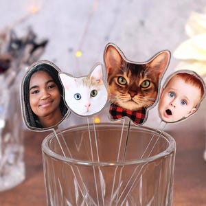 May include: A clear glass with four decorative toppers featuring faces. The toppers include a young woman, a cat with two different colored eyes, a cat wearing a red and black plaid bow tie, and a baby with a surprised expression.