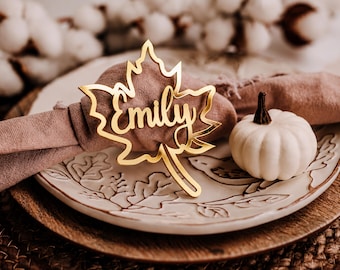 Mirror Gold Leaf Place Cards, Personalized Acrylic Name Tags, Thanksgiving Fall Wedding Decor