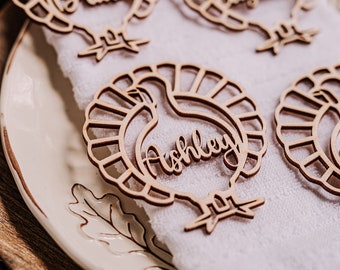 Personalized Thanksgiving Turkey Place Cards: Rustic Wood Fall Decor, Acrylic Name Tag
