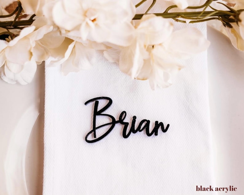 black acrylic wedding name tags
name tags
white acrylic name card
name place cards
name cards wedding
name place setting
wooden names
wedding place cards
bachelorette party favors  decor birthday rehaersal dinner bridal shower
name plate laser cut