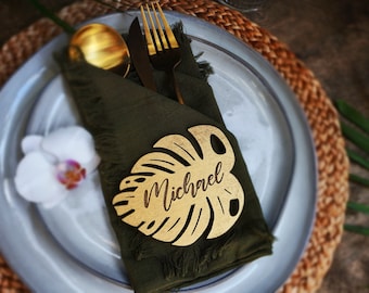 Monstera Leaf Wedding Name Tags: Custom Wood Tropical Place Cards