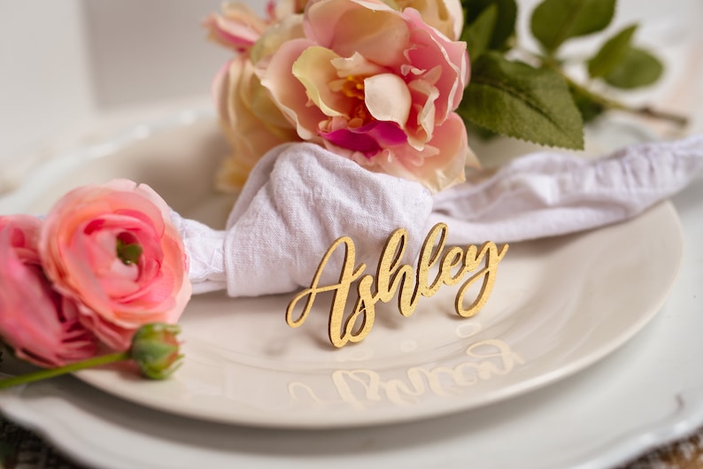 gold wood wedding name tags
name tags
wood name card
name place cards
name cards wedding
name place setting
wooden names
wedding place cards
bachelorette party
wedding favors 
wedding decor 
name plate laser cut names