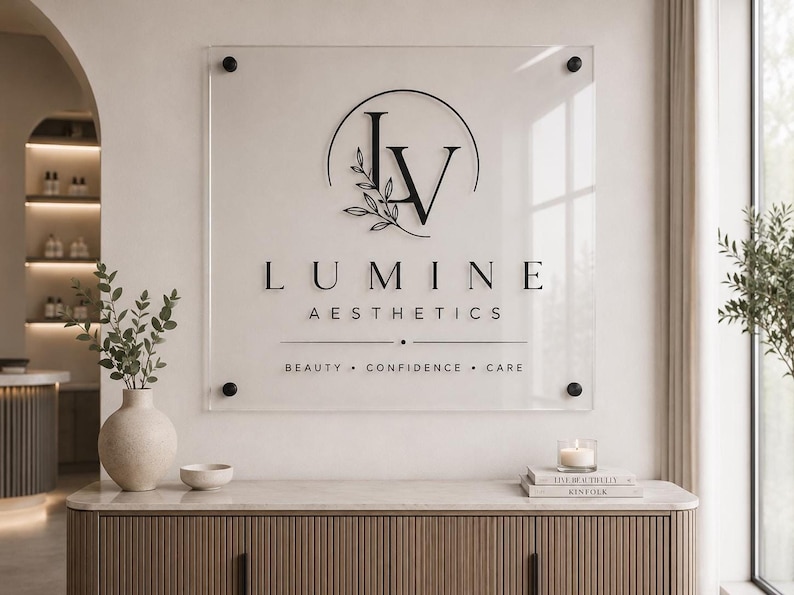 Personalized clear acrylic office sign featuring a black company logo and black standoff mounts in a professional reception area.