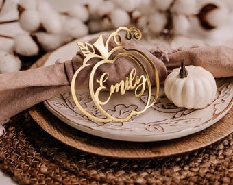 Mirror Gold Pumpkin Place Cards, Personalized Acrylic Name Tags, Thanksgiving Fall Wedding Decor