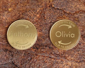 Couples Names Decision Coin, Personalized Brass Flip Token, Relationship Choice Maker