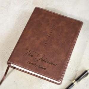 Personalized leather NIV journaling Bible engraved with family last name and established year for wedding ceremony. Christian wedding guest book alternative, bridal shower gift, religious keepsake decor.