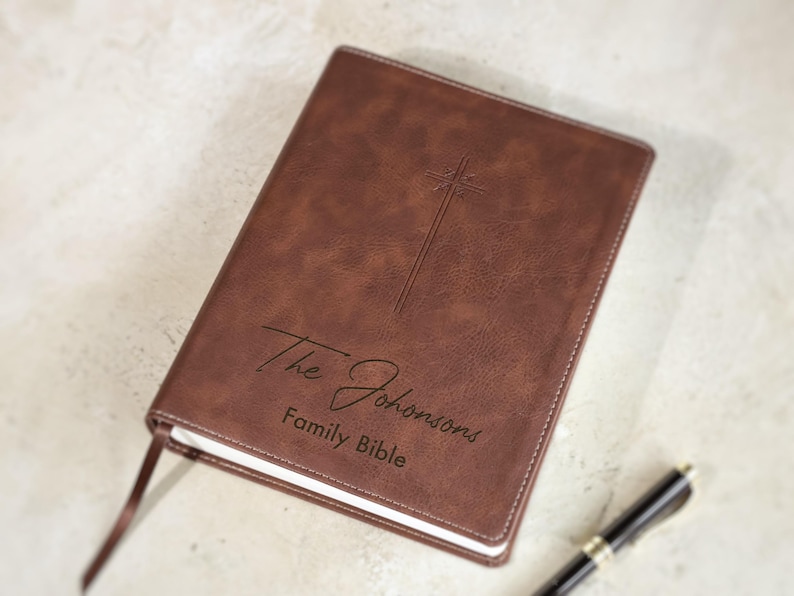 Personalized leather NIV journaling Bible engraved with family last name and established year for wedding ceremony. Christian wedding guest book alternative, bridal shower gift, religious keepsake decor.