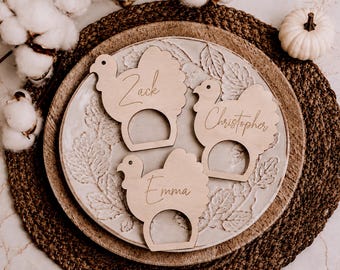 Thanksgiving Napkin Ring Turkey Place Cards: Rustic Wood Fall Decor, Acrylic Name Tag