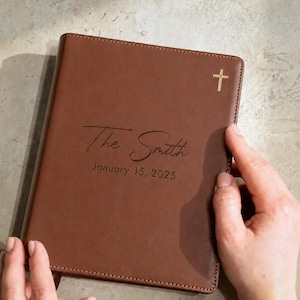 Wedding Bible guest book featuring a custom name on the cover, perfect for guests to highlight verses and leave heartfelt messages.