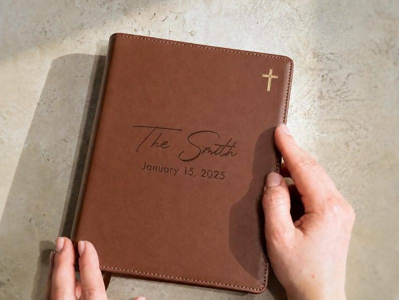 Wedding Bible guest book featuring a custom name on the cover, perfect for guests to highlight verses and leave heartfelt messages.