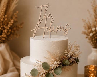 Custom Surname Wedding Cake Topper, Elegant Family Name Decor in Gold Acrylic or Wood