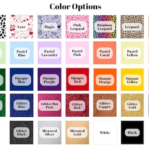 Color chart showing 30+ acrylic color choices for custom badge reels. Includes pastel, opaque, glitter, mirrored, and patterned finishes such as cow print, leopard, and dark academia valentine's day. Available for personalized acrylic name tags and retractable ID holders. Perfect for nurses, teachers, and office staff. Choose background and text colors for custom nurse badge reel.