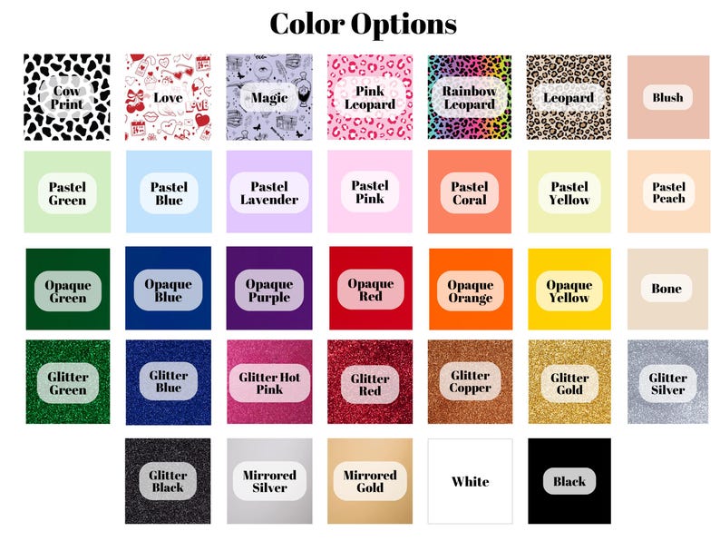 Color chart showing 30+ acrylic color choices for custom badge reels. Includes pastel, opaque, glitter, mirrored, and patterned finishes such as cow print, leopard, and dark academia valentine's day. Available for personalized acrylic name tags and retractable ID holders. Perfect for nurses, teachers, and office staff. Choose background and text colors for custom nurse badge reel.