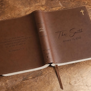 Wedding Bible guest book featuring a custom name on the cover, perfect for guests to highlight verses and leave heartfelt messages.