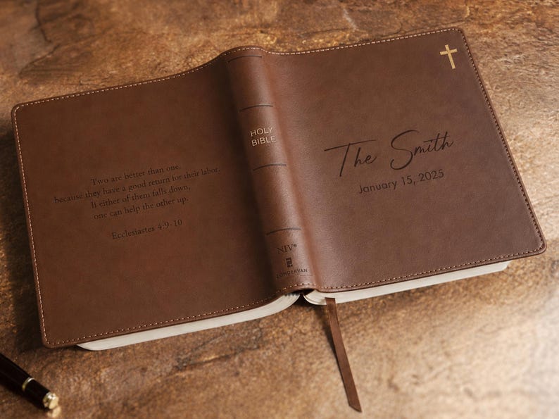 Wedding Bible guest book featuring a custom name on the cover, perfect for guests to highlight verses and leave heartfelt messages.