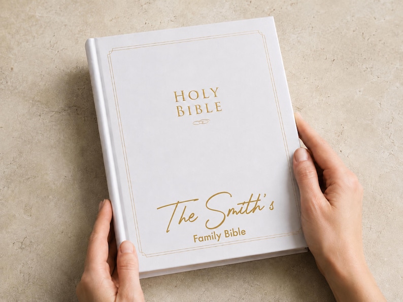 Personalized Bible with custom UV printed cover on a premium white NIV Family Bible. Create a beautiful custom family Bible featuring your family name, wedding date, or meaningful design. Perfect white family Bible, wedding Bible, heirloom Bible, Christian wedding gift, family keepsake, anniversary Bible, religious keepsake, and personalized Christian gift.