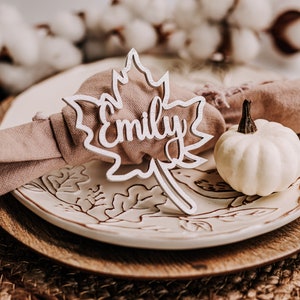 Personalized Wood and Acrylic Leaf Place Cards: Rustic Thanksgiving Decor