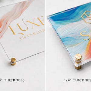 Close-up of a personalized square acrylic wall plaque showing polished edges, durable UV printing, and four standoff mounts.