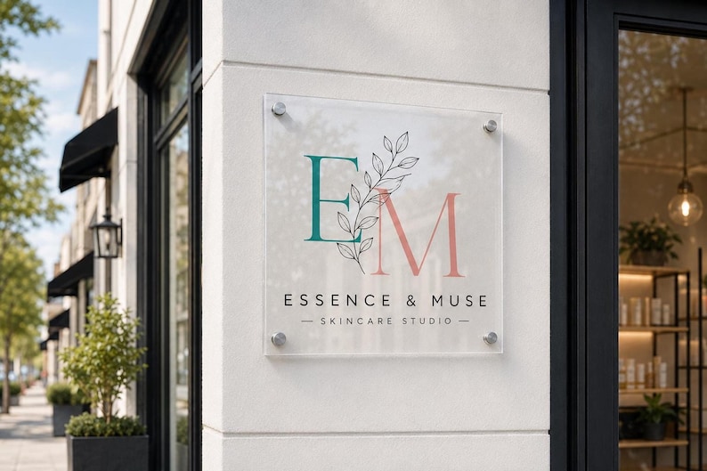 Colorful custom business logo printed on a clear square acrylic wall display with silver hardware in a bright modern office.