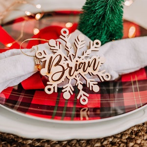 Stocking Tags Personalized, Holiday Name Ornament, Christmas Place Cards, Wooden Gift Tag, Snowflake Table Decor