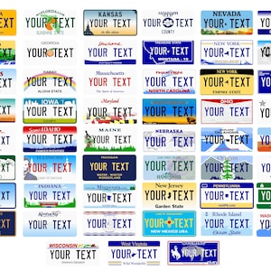 your text 50-state license plate keychain featuring realistic state graphics and customizable text. Made from durable acrylic with metal chain — perfect for car keys, backpacks, or luggage tags. A creative, unique gift for drivers, car enthusiasts, and new car owners. Collect your favorite states or personalize for each road trip memory. Great for bulk gifting and car merch.