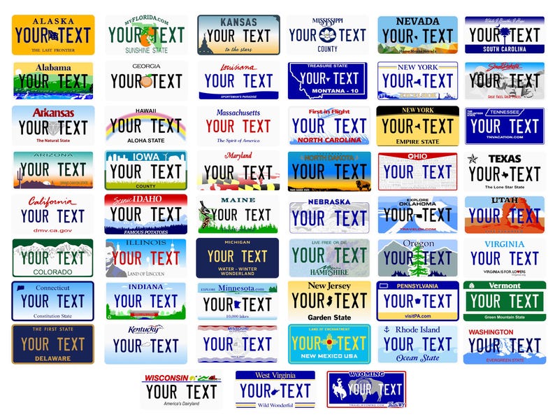 your text 50-state license plate keychain featuring realistic state graphics and customizable text. Made from durable acrylic with metal chain — perfect for car keys, backpacks, or luggage tags. A creative, unique gift for drivers, car enthusiasts, and new car owners. Collect your favorite states or personalize for each road trip memory. Great for bulk gifting and car merch.