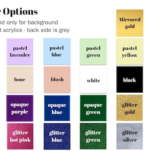 Color options for bogg bag charms, gold, silver, pastel pink, lavender, blue, green, yellow, coral, peach, bone, blush, white, black, orange, red, purple, blue, green, glitter gold, copper, red, hot pink, blue, green, glitter silver, glitter black