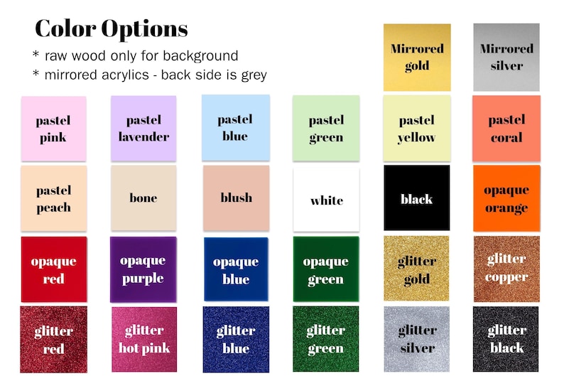 Color options for bogg bag charms, gold, silver, pastel pink, lavender, blue, green, yellow, coral, peach, bone, blush, white, black, orange, red, purple, blue, green, glitter gold, copper, red, hot pink, blue, green, glitter silver, glitter black