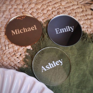 circle mirrored acrylic name plate
name cards wedding place cards place setting
wood name card
napkin half circle tag
acrylic name tags
round tags
rustic wedding
wooden wedding decor
wedding place cards
Wedding decoration
Wedding place card