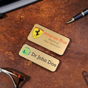 Professional UV-printed magnetic name badge featuring a full-color company logo. Personalized staff tag for office, retail, and corporate employees. Acrylic printed name tag available with magnetic or pin backing.