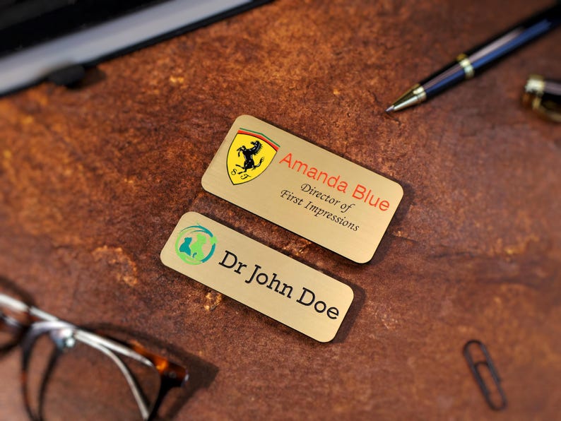 Professional UV-printed magnetic name badge featuring a full-color company logo. Personalized staff tag for office, retail, and corporate employees. Acrylic printed name tag available with magnetic or pin backing.