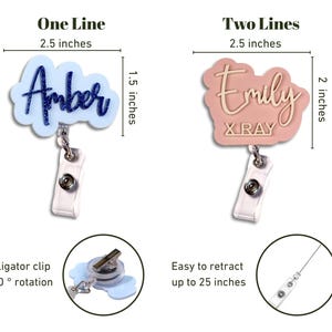 Size chart image showing one-line and two-line custom acrylic badge reels. Amber sample measures 2.5x1.5 inches, Emily sample 2.5x2 inches. Includes 360° rotating alligator clip and retractable cord up to 25 inches. Personalized retractable ID badge reel for nurses, teachers, and office staff. Durable acrylic design, handcrafted in the USA. Custom nurse badge holder gift idea.