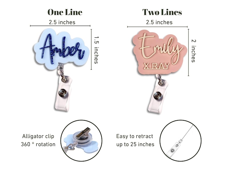 Size chart image showing one-line and two-line custom acrylic badge reels. Amber sample measures 2.5x1.5 inches, Emily sample 2.5x2 inches. Includes 360° rotating alligator clip and retractable cord up to 25 inches. Personalized retractable ID badge reel for nurses, teachers, and office staff. Durable acrylic design, handcrafted in the USA. Custom nurse badge holder gift idea.