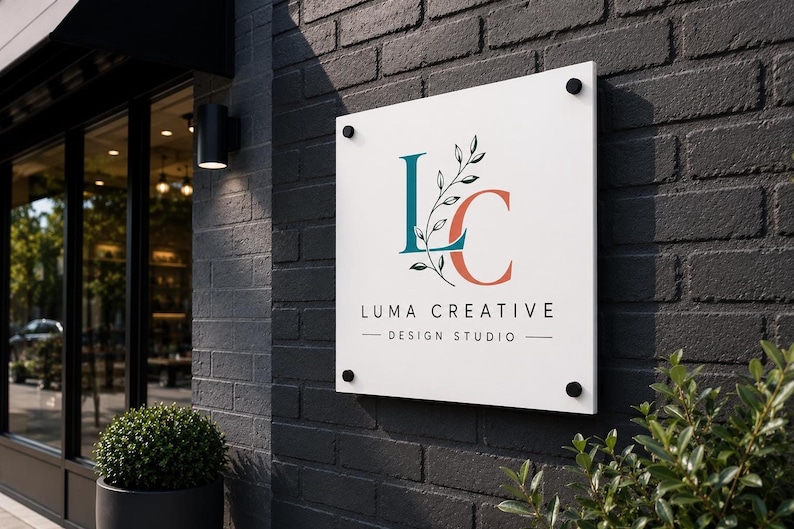 Square UV printed acrylic logo plaque with gold lettering and gold mounts displayed above a contemporary front desk.