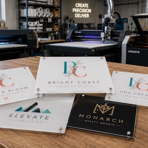 Square acrylic company branding display with detailed full-color UV printing for offices, salons, spas, clinics, and boutiques.