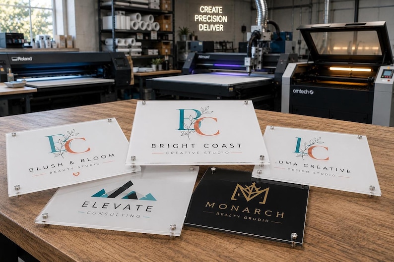 Square acrylic company branding display with detailed full-color UV printing for offices, salons, spas, clinics, and boutiques.