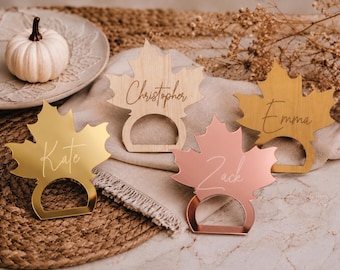 Thanksgiving Napkin Ring Leaf Personalized 3.8 Inch Birchwood Name Tag, Fall Wedding Table Decor