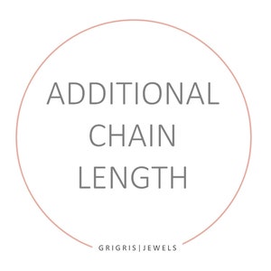 Può includere: Un cerchio rosa con il testo "ADDITIONAL CHAIN LENGTH" in grigio. Il testo "GRIGRIS | JEWELS" è in grigio nella parte inferiore del cerchio.