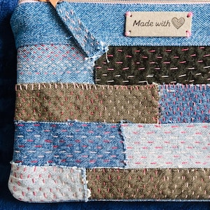 Hand-stitched Boro Denim Pouch, Sashiko Upcycled Makeup Bag,