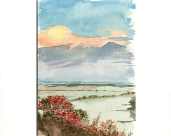Flower River Wall Art Landscape Watercolor Painting Print