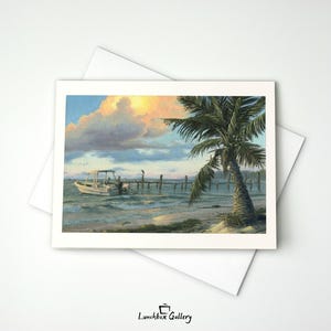May include: A painting of a white boat docked at a wooden pier on a tropical beach. A palm tree stands on the shore with a cloudy sky in the background.