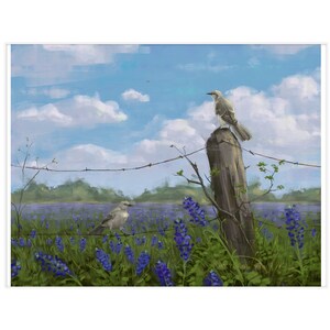 Bluebonnet  Flowers with Mockingbirds in Texas Landscape Painting Print