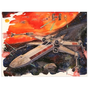 Sci-Fi Spaceship Wall Art – Futuristic Starfighter Watercolor Print, Galaxy Room Decor, Space Battle Poster, Astronaut Nursery Decor