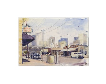 Urban Street Cityscape Watercolor Painting Print