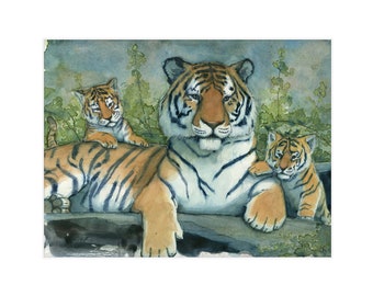 Tiger Family Wildlife Watercolor Painting Print